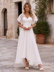 Romantic A-Line Wedding Dress with Floral Lace Bodice & Sheer Flutter Sleeves