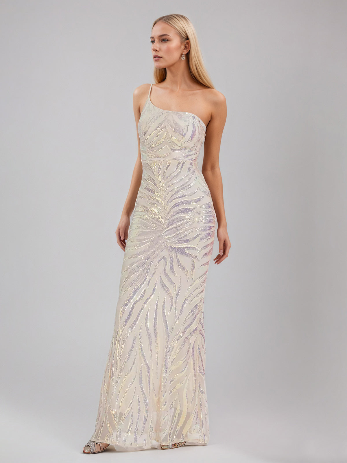 Apricot Sequins One-shoulder Dress