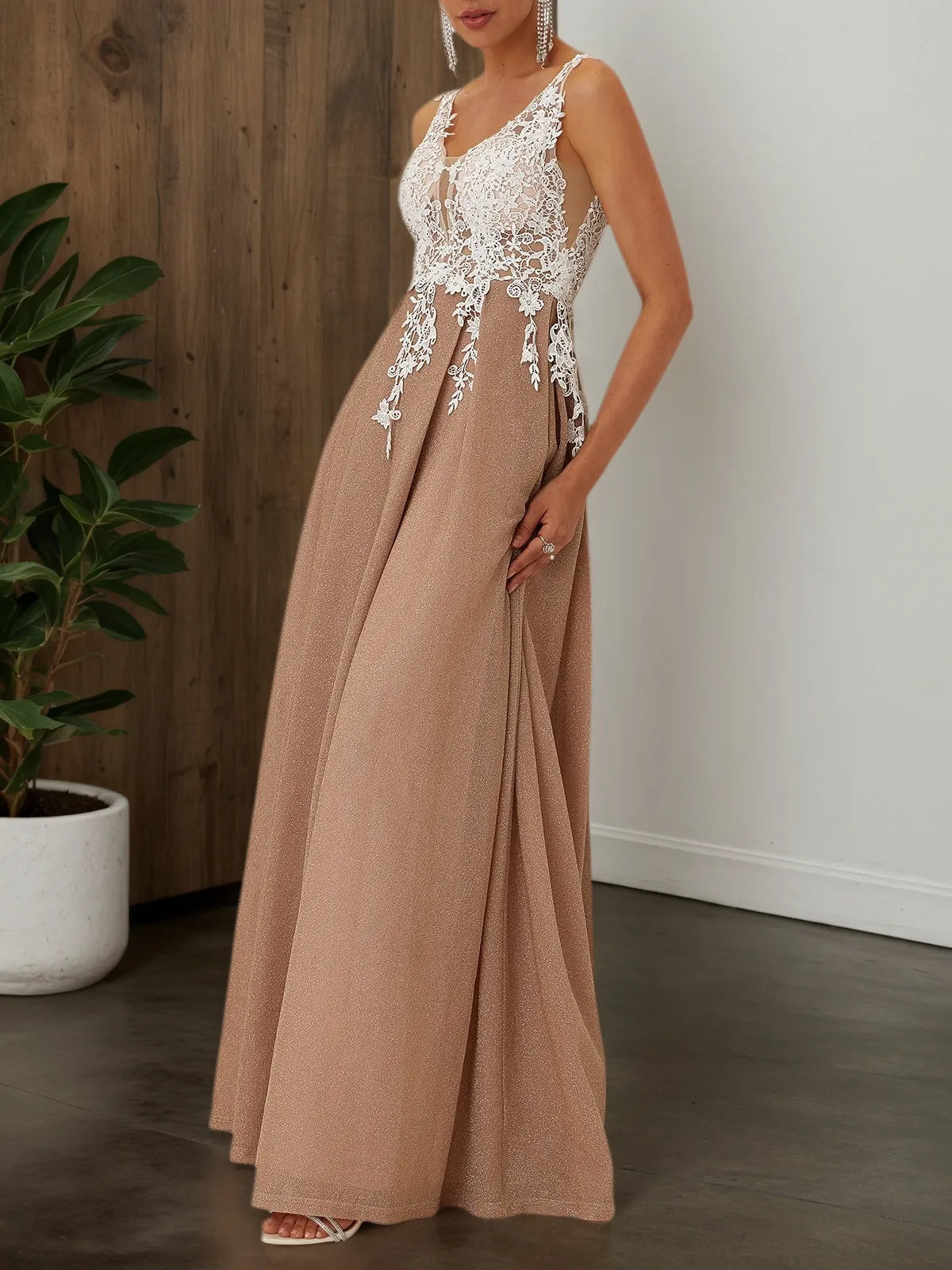 Apricot Lace Prom Dress V Neck Sleeveless A-Line Maxi Dress