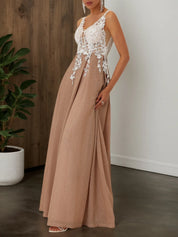 Apricot Lace Prom Dress V Neck Sleeveless A-Line Maxi Dress