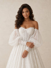 Elegant Off-The-Shoulder Long-Sleeve Lace Ball Gown Wedding Dress with Chapel Train