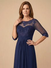 Half Sleeves Lace Applique Scoop Neck Chiffon Mother of the Bride Dress