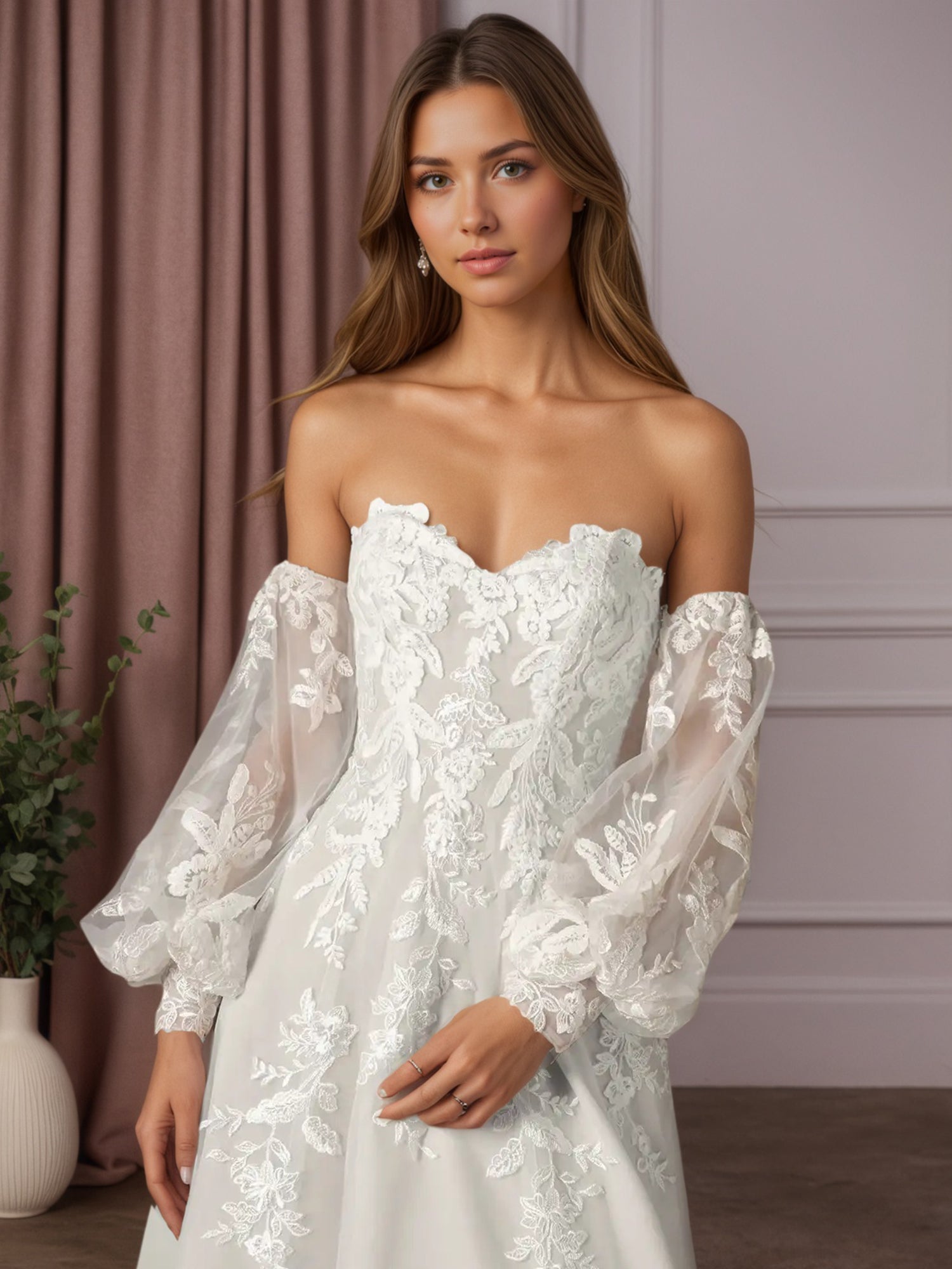 White Ball-Gown Strapless Lace Wedding Dress