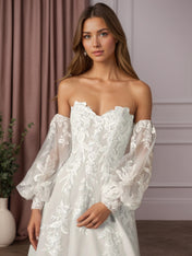 White Ball-Gown Strapless Lace Wedding Dress