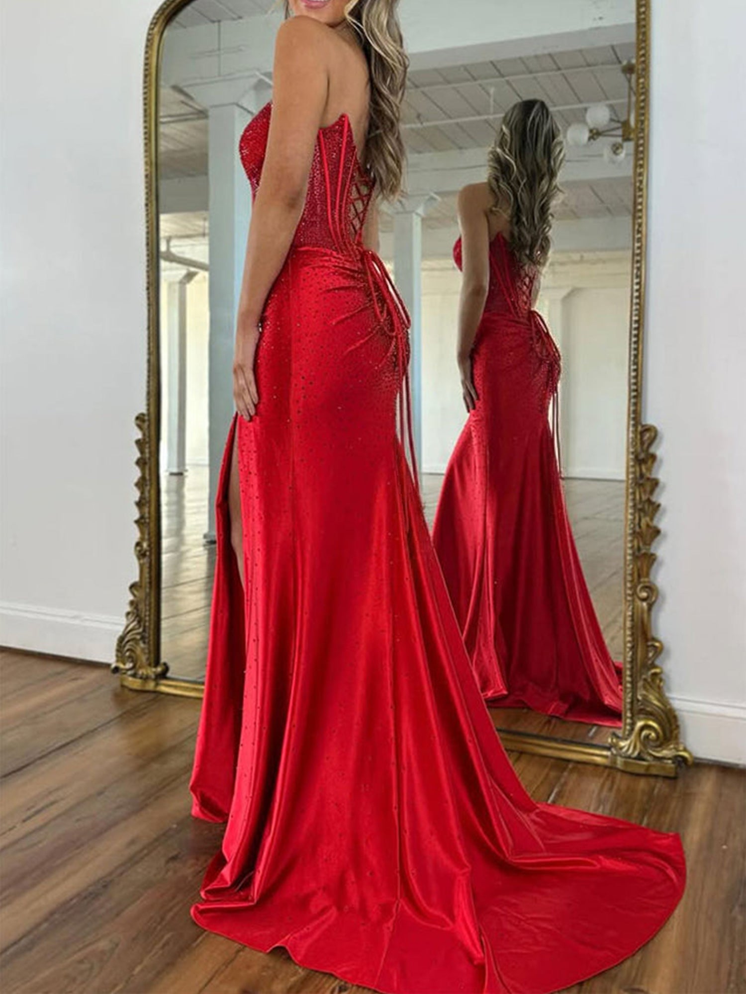 Red Mermaid Strapless Corset Beaded Prom Dress with Slit