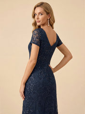 Navy Blue V-Neck Embroidery Short Sleeves Mother of the Brides Gown