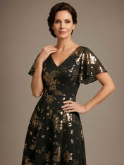 Black A-line V-Neck Ankle-Length Chiffon Mother of the Bride Dress With Cascading Ruffles
