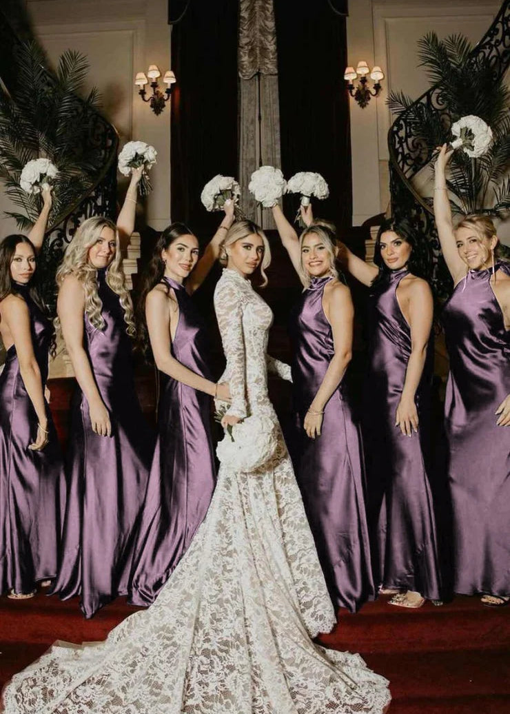 Halter Satin Pleated Mermaid Sleeveless Long Bridesmaid Dress