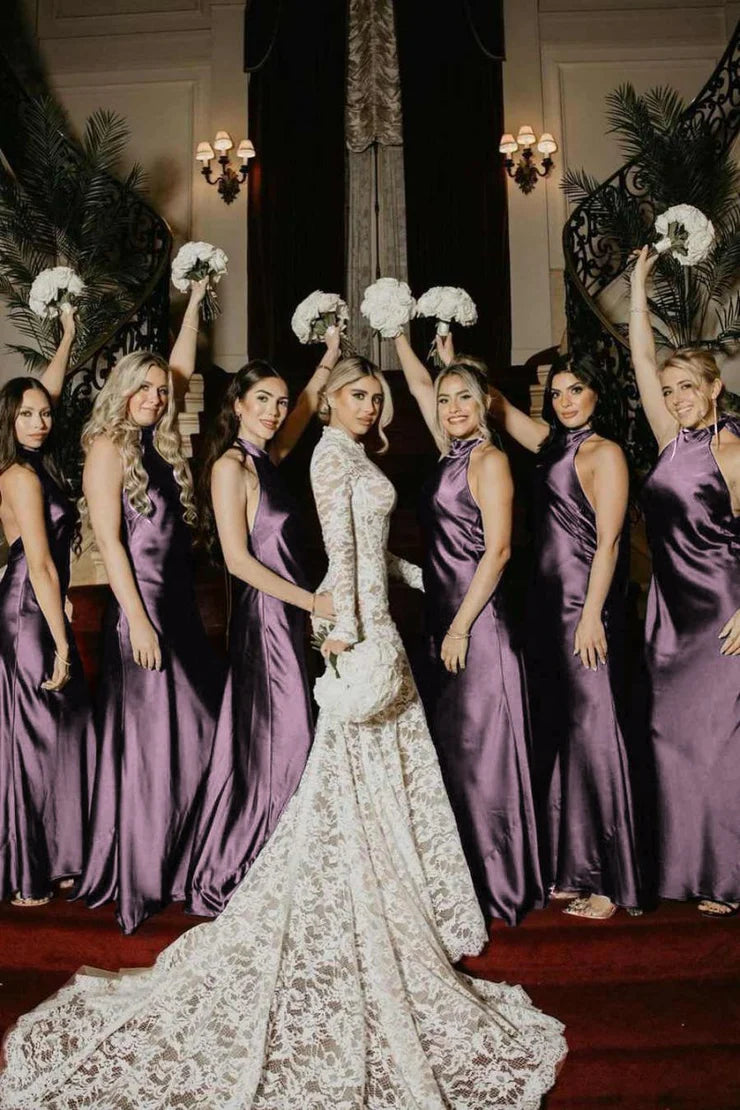 Halter Satin Pleated Mermaid Sleeveless Long Bridesmaid Dress