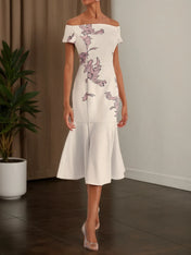 Apricot White Floral Off The Shoulder Mermaid Midi Dress