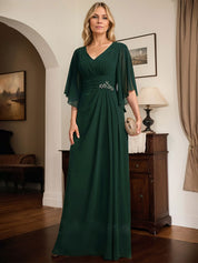 Robe de mère de la mariée fourreau/colonne, col en V, longueur au sol, en mousseline, avec paillettes plissées et perles 