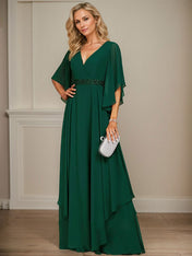 A-line V-Neck Floor-Length Chiffon Mother of the Bride Dress With Sequins Appliques Lace Beading