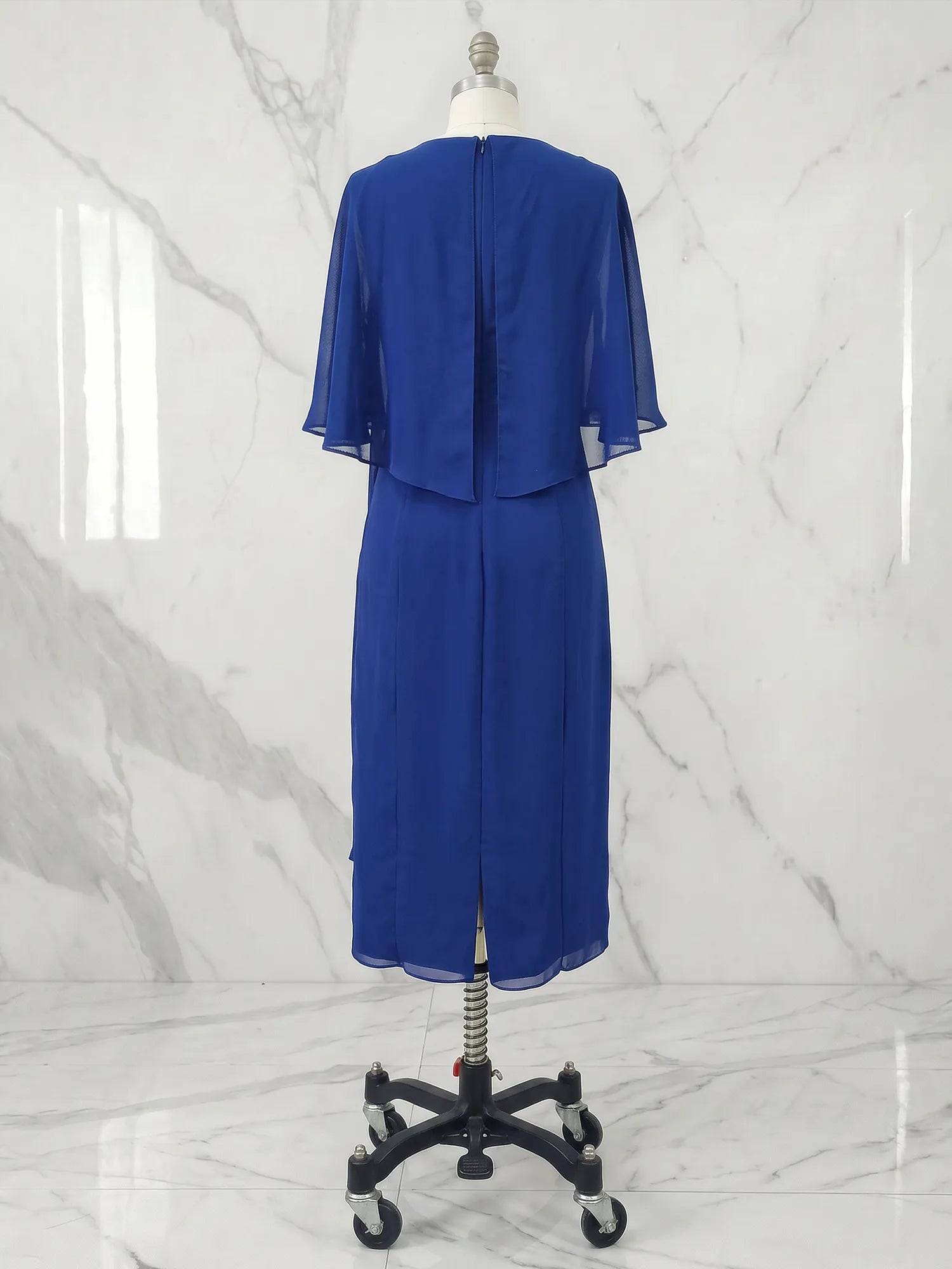 Sheath/Column Scoop Tea Length Chiffon Dress With Pleated Beading