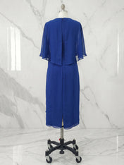 Sheath/Column Scoop Tea Length Chiffon Dress With Pleated Beading