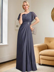 A-line Scoop Floor-Length Chiffon Mother of the Bride Dress With Pleated Beading