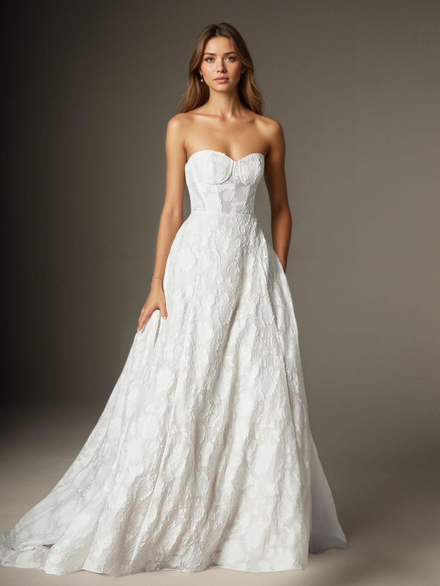 White A Line Strapless Floral Burnout Jacquard Wedding Dress