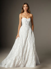 White A Line Strapless Floral Burnout Jacquard Wedding Dress