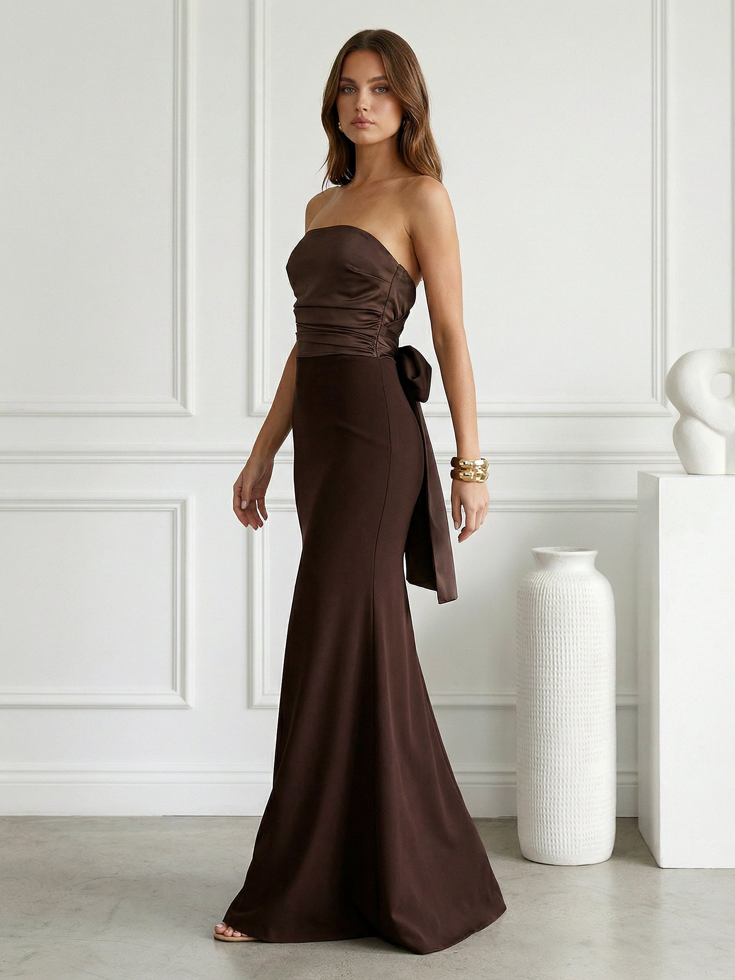Brown Strapless Satin Mermaid Maxi Dress with Bow