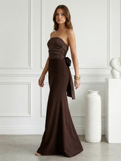 Brown Strapless Satin Mermaid Maxi Dress with Bow