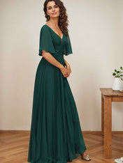 A-line V-Neck Floor-Length Chiffon Mother of the Bride Dress With Sequins Appliques Lace Pleated