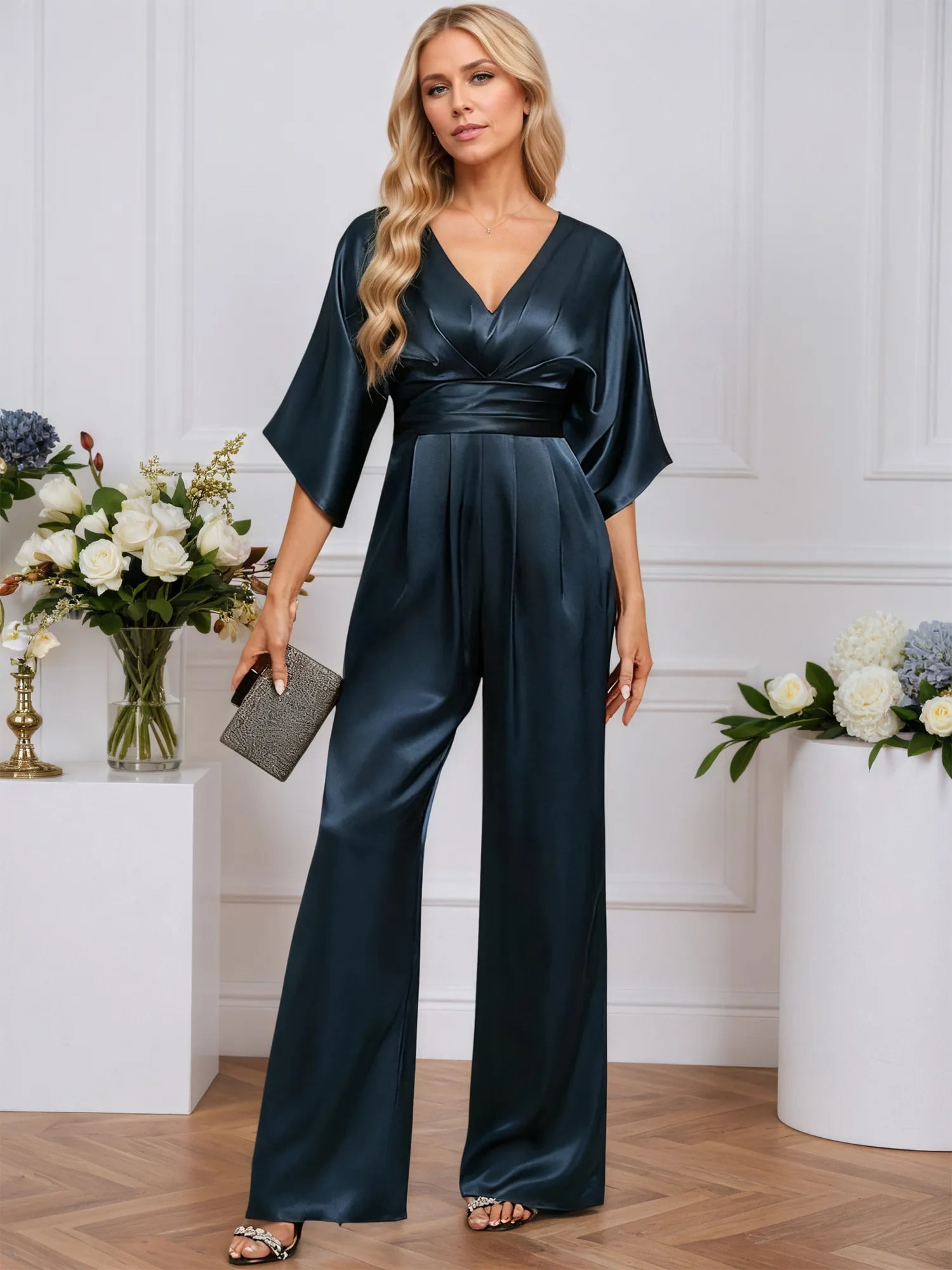 Jumpsuits V-Neck Floor-Length Stretch Satin Evening Dress With Pleated