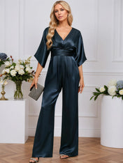 Jumpsuits V-Neck Floor-Length Stretch Satin Evening Dress With Pleated