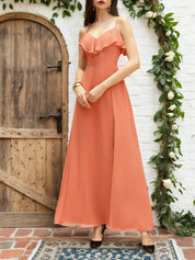 Orange Red Ruffled Chiffon Spaghetti Sleeveless A-Line Maxi Bridesmaid Dress