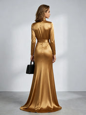 High Neck Long Sleeve Pleated Satin Mermaid Evening Gown with Belted Waist