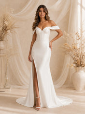 Elegant Off-The-Shoulder Satin Mermaid Wedding Dress with High Slit and Chapel Train