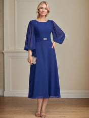 A-line Scoop Tea-Length Chiffon Mother of the Bride Dress With Crystal Brooch Pleated