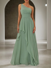 Light Green Ruched Asymmetric Chiffon One Shoulder Sleeveless A-Line Maxi Bridesmaid Dress