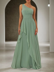Light Green Ruched Asymmetric Chiffon One Shoulder Sleeveless A-Line Maxi Bridesmaid Dress