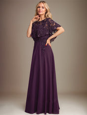 A-line Boat Neck Floor-Length Lace Chiffon Mother of the Bride Dress With Applique Sequins