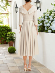 Off White Pleated Ruched Three Quarter Sleeve A-Line Maxi Dress