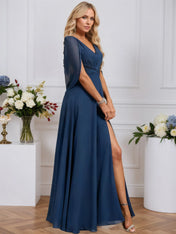A-line V-Neck Floor-Length Chiffon Evening Dress With Cape Pleated