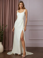 White Mermaid Pleated Crepe Back Satin Wedding Dress