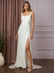 White Mermaid Pleated Crepe Back Satin Wedding Dress