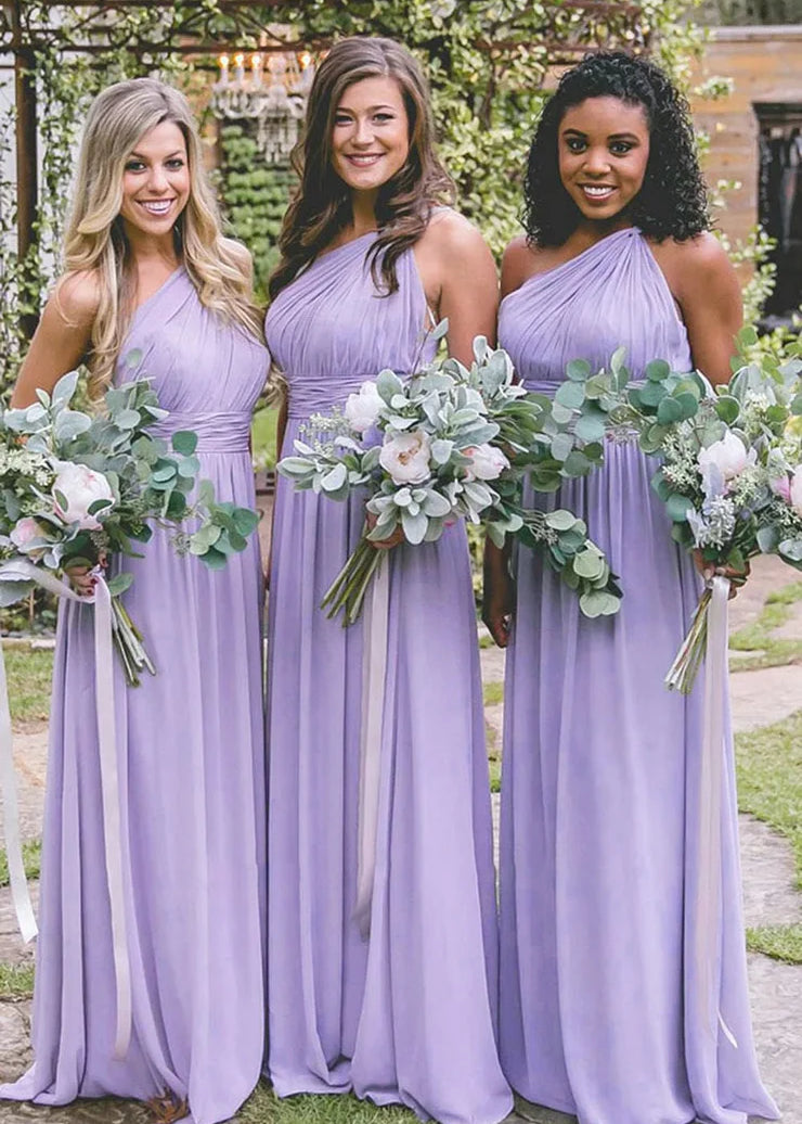 Dusty Blue One Shoulder Chiffon Long Boho Pleated Bridesmaid Dress