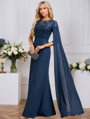 A-line Scoop Neck Floor-Length Chiffon Evening Dress With Sequins Appliques