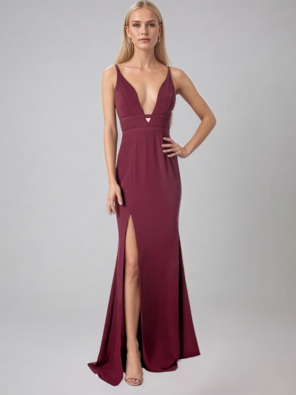 Column Stretch Crepe V Neck Sleeveless Floor Length Dress