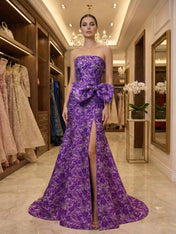 Hot Pink Floral Brocade Strapless Oversized Bow Prom Dress with Slit