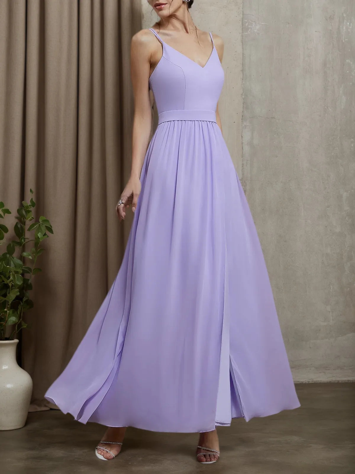 Lavender Purple Chiffon Spaghetti Gallus A-Line Gown Bridesmaid Dress