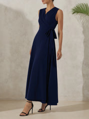 Purplish Blue Bow Lyocell Linen Wrap V Neck Sleeveless A-Line Maxi Dress