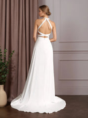 White A-Line Side Slit Stretch Satin Wedding Dress
