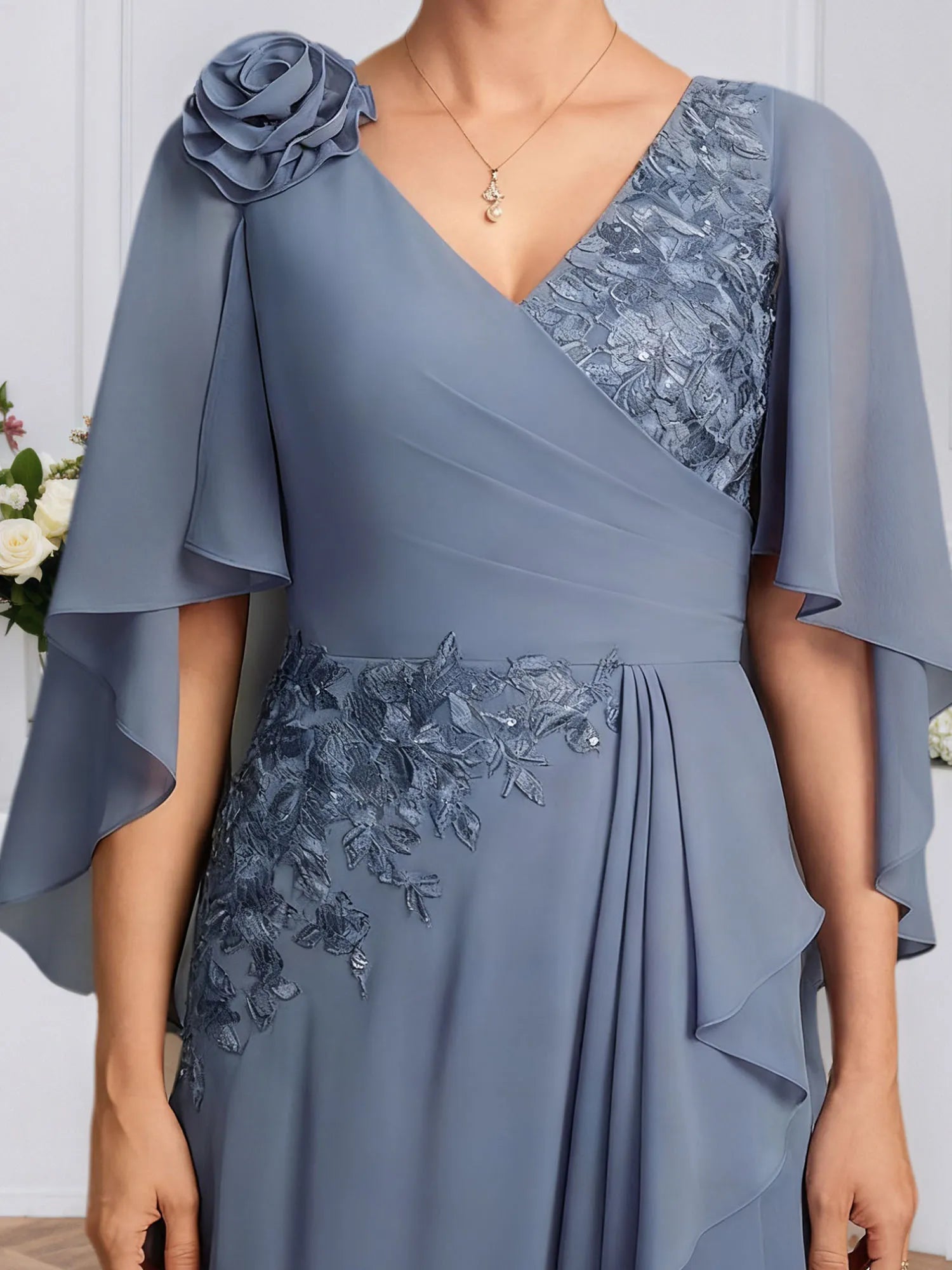 A-line V-Neck Floor-Length Lace Chiffon Mother of the Bride Dress With 3D Floral Sequins Cascading Ruffles