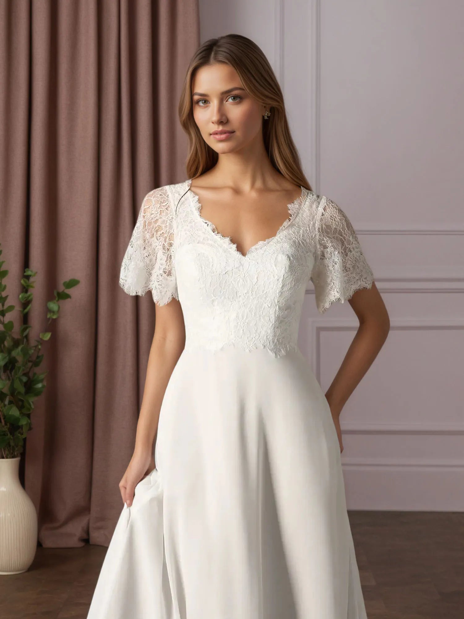 White A-Line V-Neck lace Chiffon Wedding Dress