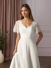 White A-Line V-Neck lace Chiffon Wedding Dress