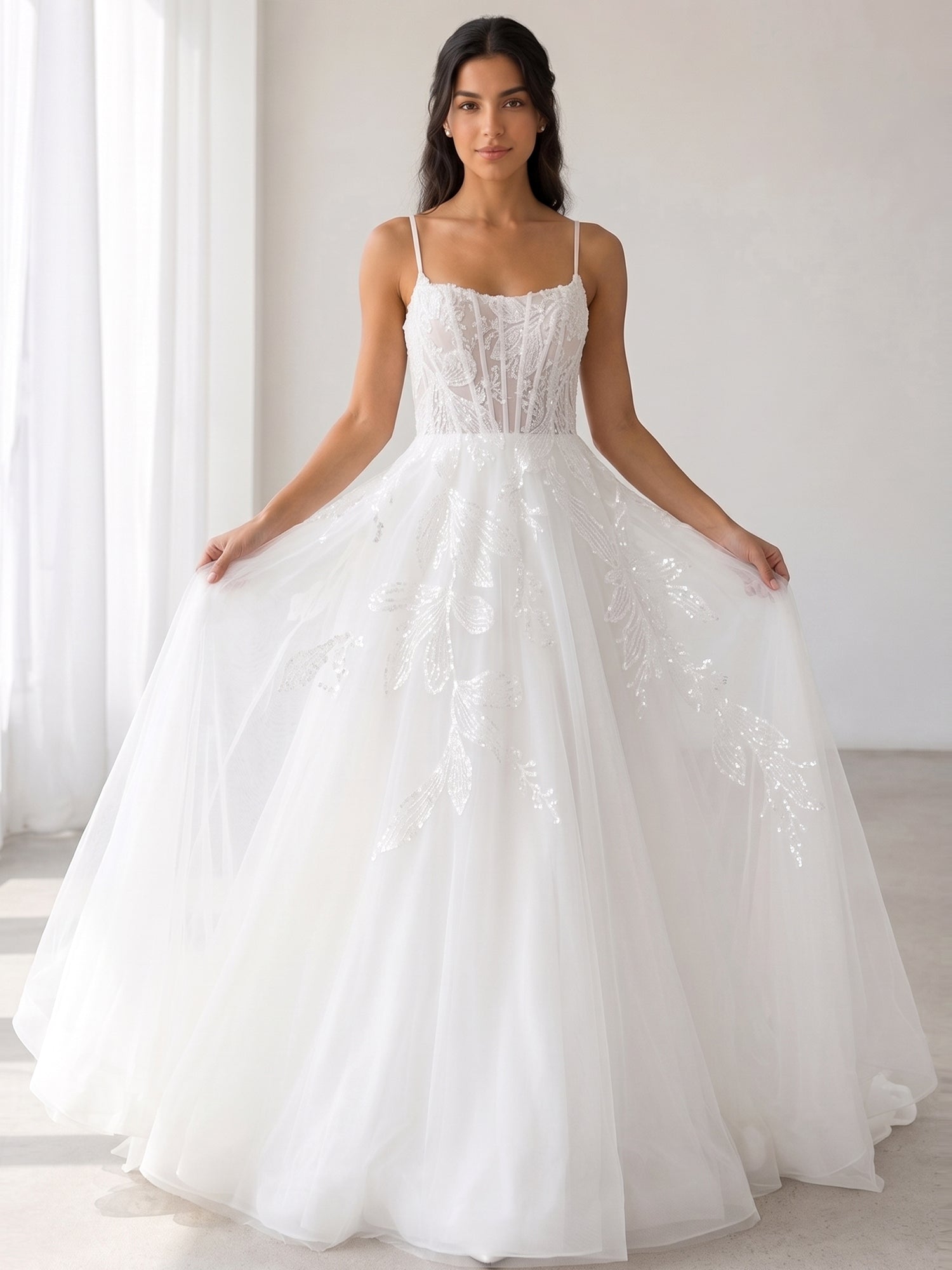 Elegant Spaghetti-Strap White Tulle A-Line Wedding Dresses with Corset and Chapel Train