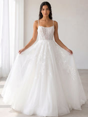 Elegant Spaghetti-Strap White Tulle A-Line Wedding Dresses with Corset and Chapel Train