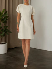 White Lyocell Cotton Crew Neck Short Sleeve Raglan Sleeves A-Line Midi Dress